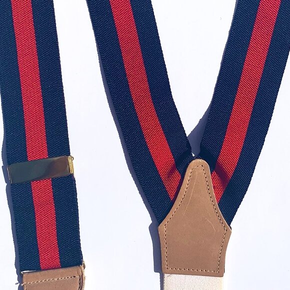 VTG Royal New York Oliver Stripe Suspenders Braces Red/Navy w/leather attachment - Picture 3 of 7